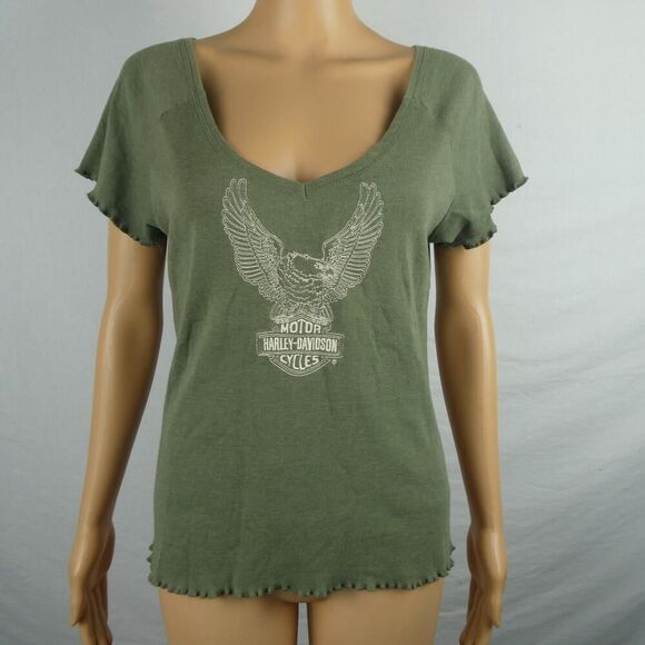 Harley Davidson Embroidered Eagle Logo Wide V Neck Lettuce Hem Graphic T Shirt M - Picture 1 of 9